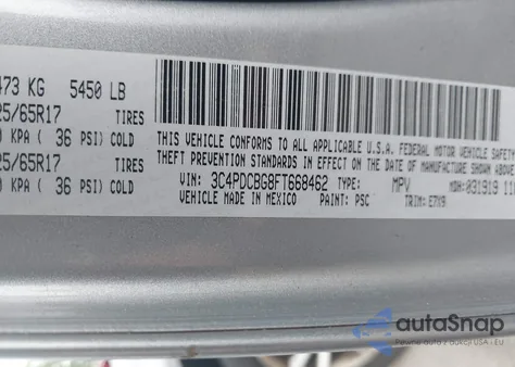 2015 Dodge Journey Sxt from USA, damaged, VIN 3C4PDCBG8FT668462